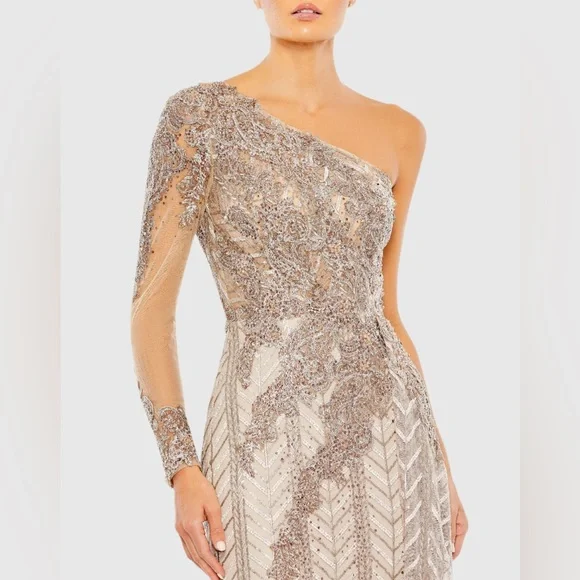 NWT $898 MAC DUGGAL Neutral Embellished One Shoulder A Line Gown DRESS 20401 - Picture 2 of 3